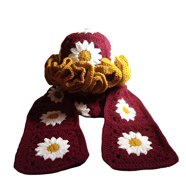 Handcrafted Granny Square Midi Length Scarf, Crochet Scarf, Boho Scarf, Vintage Style Hat, Unique Gift, Winter Fashion