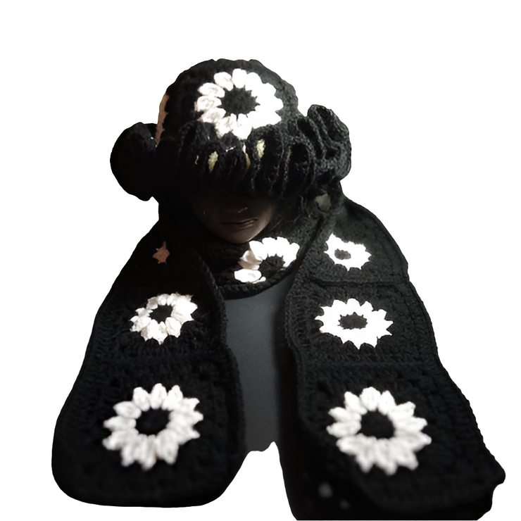 Handcrafted Granny Square Midi Length Scarf, Crochet Scarf, Boho Scarf, Vintage Style Hat, Unique Gift, Winter Fashion