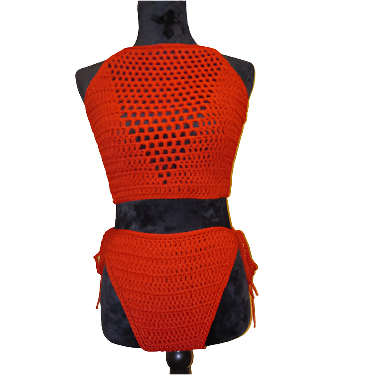 Red Ember Halter Duo – Handmade Crochet Crop Top & Tie Bottoms, Boho Festival Swimwear, Scarlet Beach Set