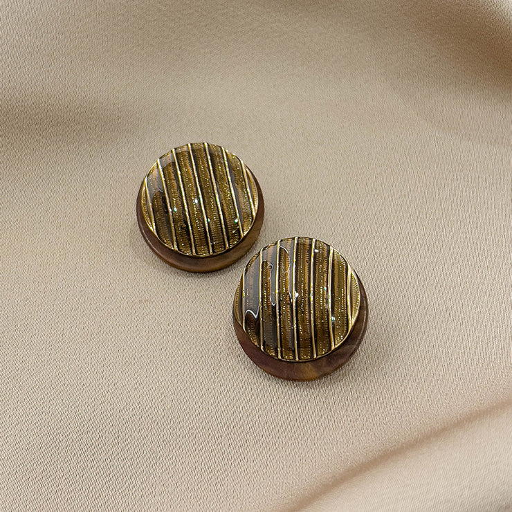 New Korean Style Flat Button Round Striped Bag Buckle Earrings