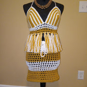 Boho Resort Wear, Golden Glow Crochet Set, Handmade Fringe Mesh Set, Summer Outfit, Beachwear, Swim Cover Up
