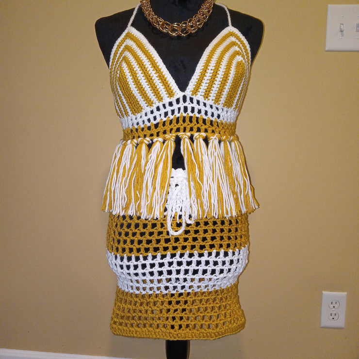 Boho Resort Wear, Golden Glow Crochet Set, Handmade Fringe Mesh Set, Summer Outfit, Beachwear, Swim Cover Up