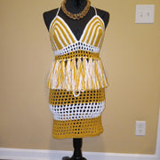 Boho Resort Wear, Golden Glow Crochet Set, Handmade Fringe Mesh Set, Summer Outfit, Beachwear, Swim Cover Up