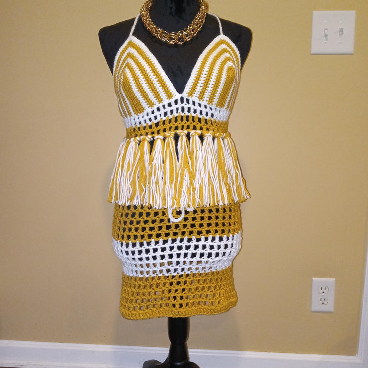 Boho Resort Wear, Golden Glow Crochet Set, Handmade Fringe Mesh Set, Summer Outfit, Beachwear, Swim Cover Up