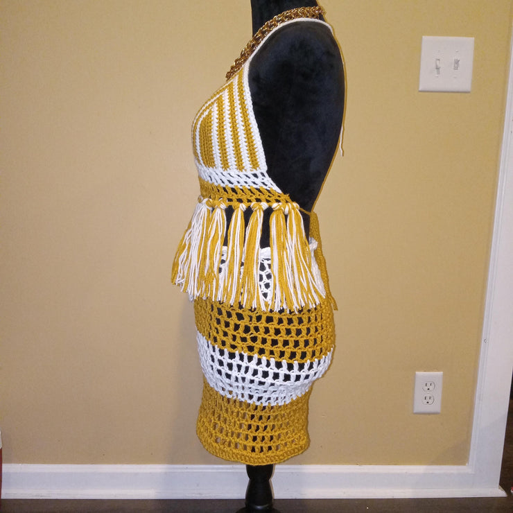 Boho Resort Wear, Golden Glow Crochet Set, Handmade Fringe Mesh Set, Summer Outfit, Beachwear, Swim Cover Up