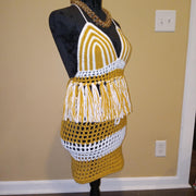Boho Resort Wear, Golden Glow Crochet Set, Handmade Fringe Mesh Set, Summer Outfit, Beachwear, Swim Cover Up