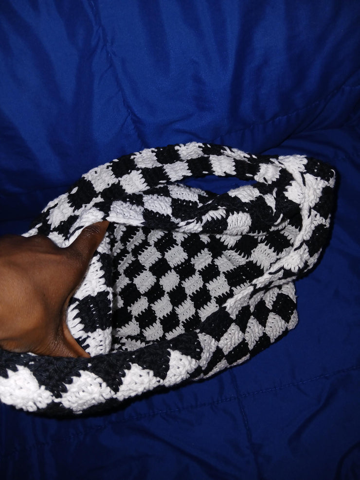Checker Crochet Tote Bag – Handmade Cotton Shoulder Bag – Retro Checkered Purse for Everyday, Market, Gifts – Hat Sold Separately