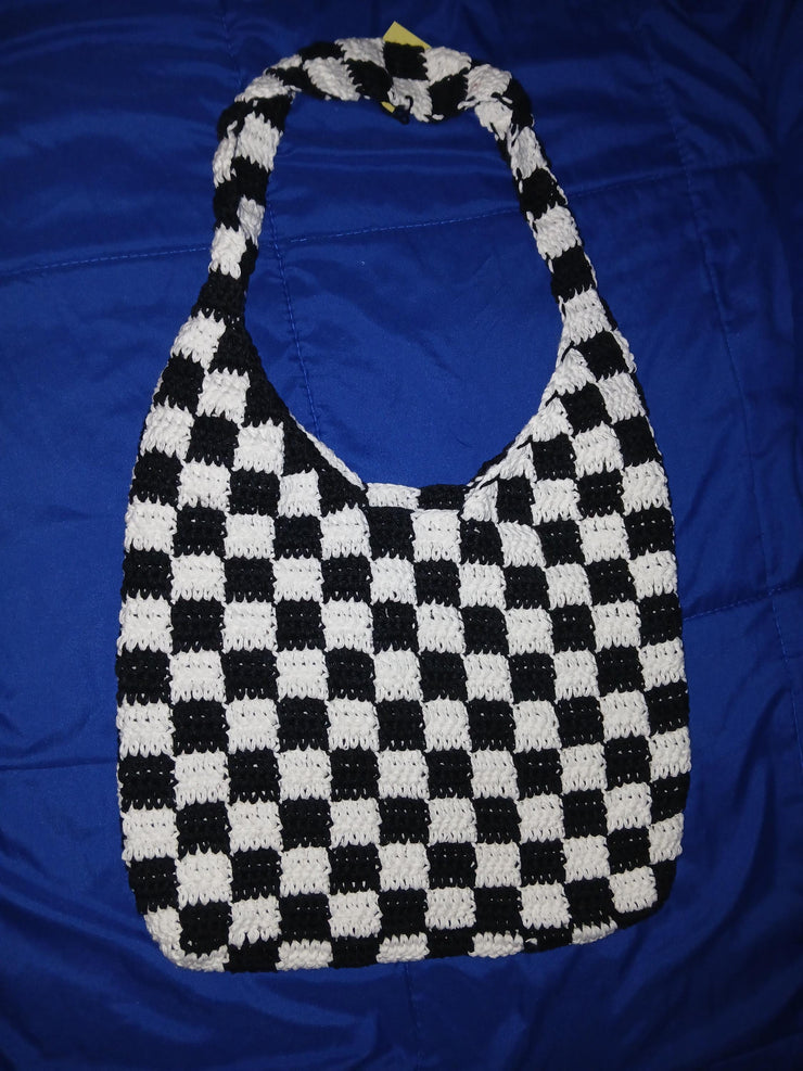 Checker Crochet Tote Bag – Handmade Cotton Shoulder Bag – Retro Checkered Purse for Everyday, Market, Gifts – Hat Sold Separately