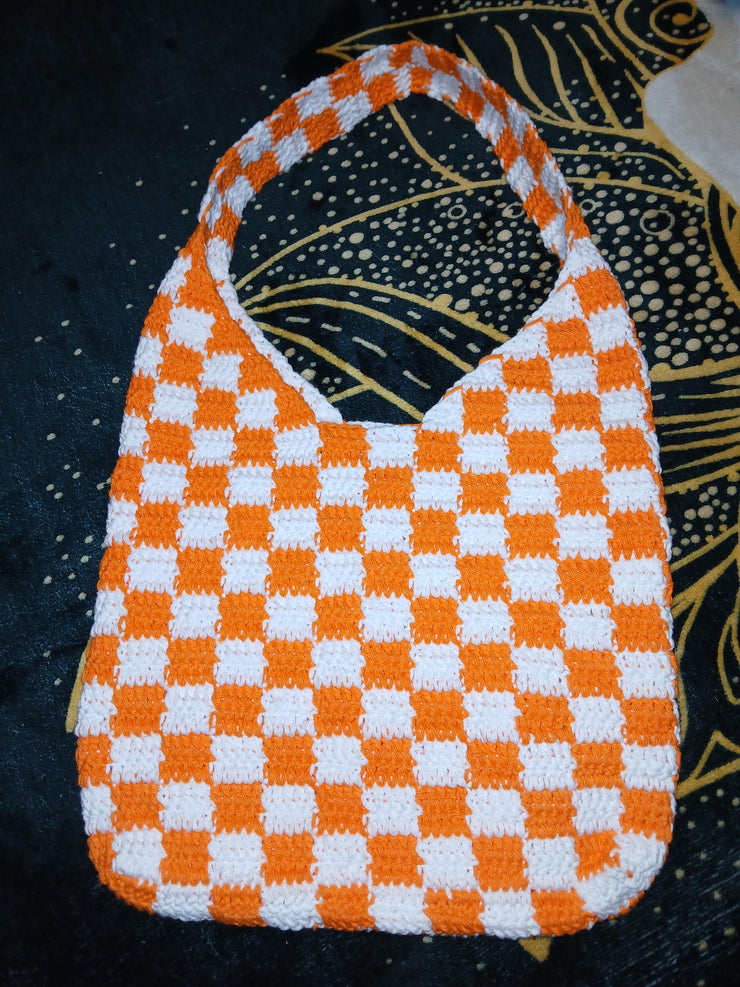 Checker Crochet Tote Bag – Handmade Cotton Shoulder Bag – Retro Checkered Purse for Everyday, Market, Gifts – Hat Sold Separately