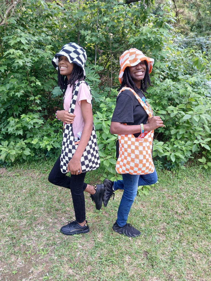 Checker Crochet Tote Bag – Handmade Cotton Shoulder Bag – Retro Checkered Purse for Everyday, Market, Gifts – Hat Sold Separately