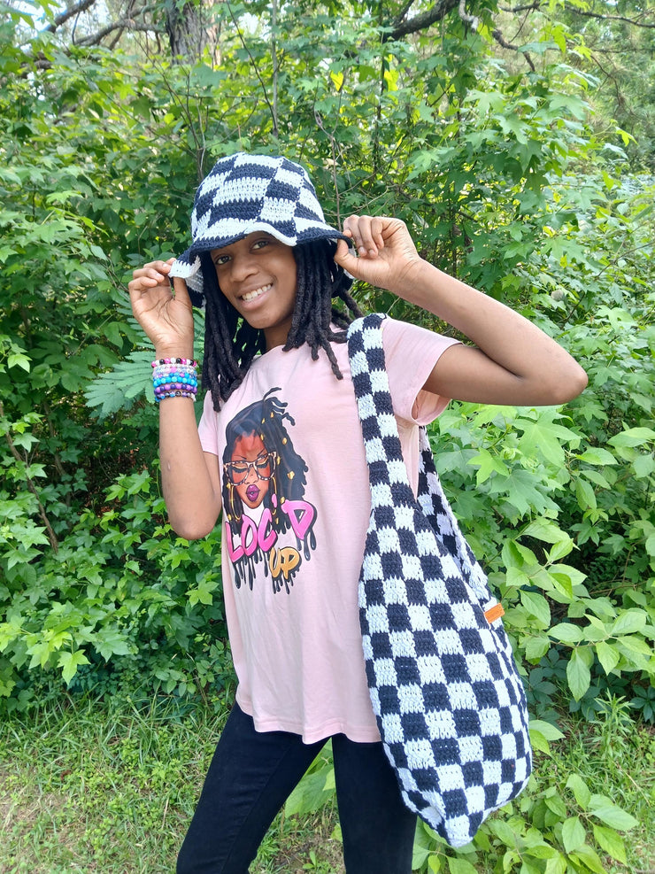 Checker Crochet Tote Bag – Handmade Cotton Shoulder Bag – Retro Checkered Purse for Everyday, Market, Gifts – Hat Sold Separately