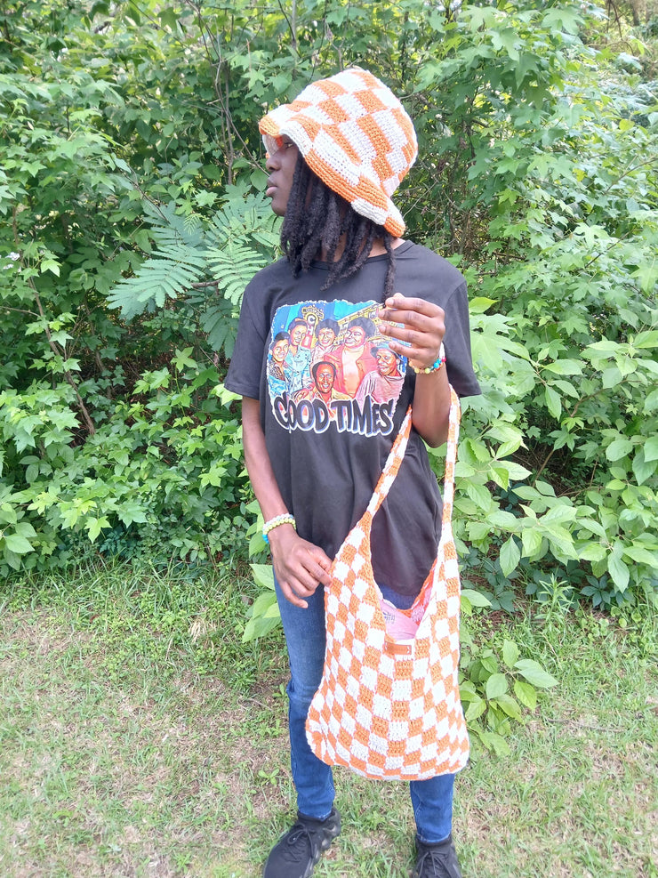 Checker Crochet Tote Bag – Handmade Cotton Shoulder Bag – Retro Checkered Purse for Everyday, Market, Gifts – Hat Sold Separately