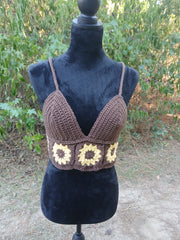 Brown Sugar Sunflower Crochet Top – Handmade Crop Tank with Granny Square Sunflower Design