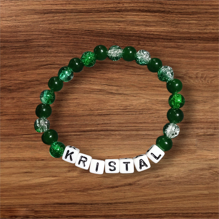 Custom Name Beaded Bracelet – Kristal (Forest Green Inspiration Piece)