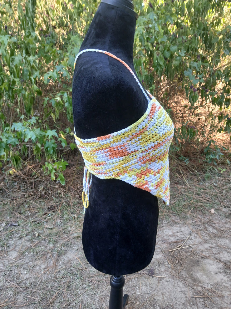 Sunset Swirl Crochet Bandana Top – Handmade Adjustable Backless Halter Top for Festival, Beachwear & Summer Style