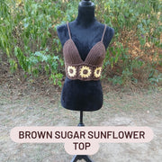 Brown Sugar Sunflower Crochet Top – Handmade Crop Tank with Granny Square Sunflower Design
