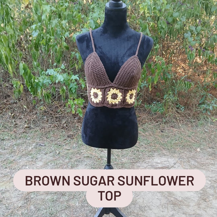 Brown Sugar Sunflower Crochet Top – Handmade Crop Tank with Granny Square Sunflower Design