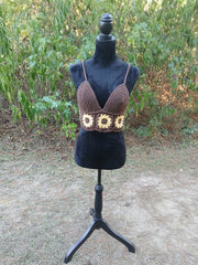 Brown Sugar Sunflower Crochet Top – Handmade Crop Tank with Granny Square Sunflower Design