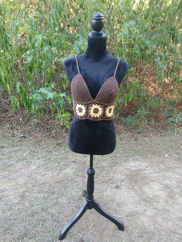 Brown Sugar Sunflower Crochet Top – Handmade Crop Tank with Granny Square Sunflower Design