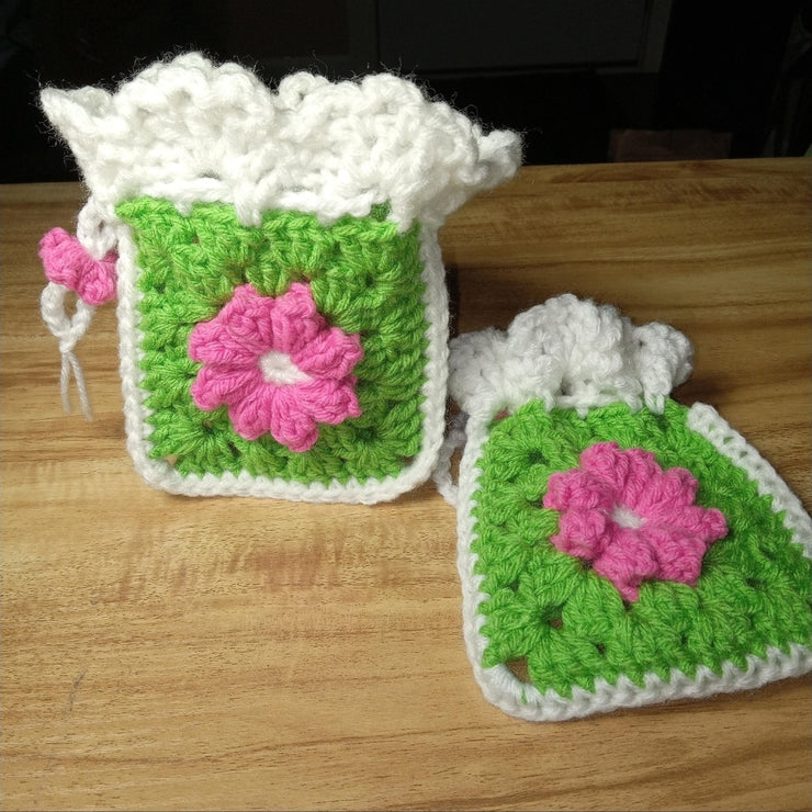 Handmade Crochet Granny Square Flower Drawstring Pouch, Granny Square Bag, Crochet Purse, Granny Square Pouch