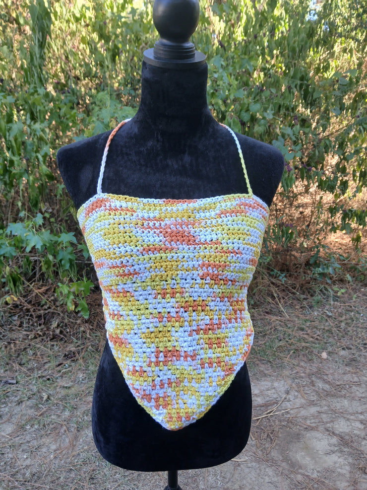 Sunset Swirl Crochet Bandana Top – Handmade Adjustable Backless Halter Top for Festival, Beachwear & Summer Style