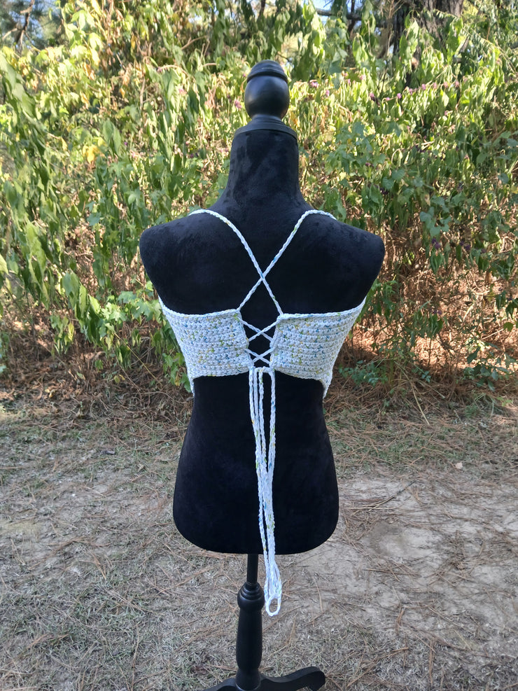 Ocean Mist Crochet Bandana Top – Handmade Adjustable Backless Halter for Summer, Festival & Beachwear
