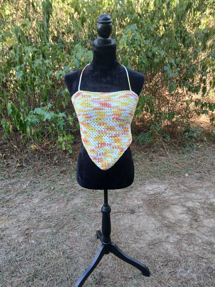 Sunset Swirl Crochet Bandana Top – Handmade Adjustable Backless Halter Top for Festival, Beachwear & Summer Style