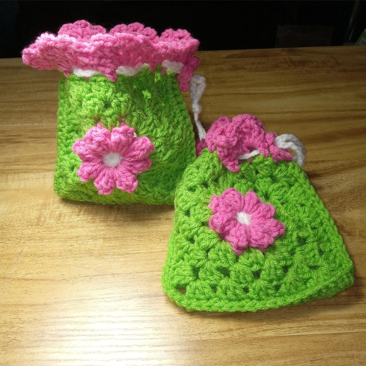 Handmade Crochet Granny Square Flower Drawstring Pouch, Granny Square Bag, Crochet Purse, Granny Square Pouch