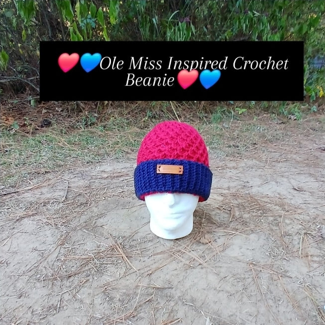 Ole Miss Inspired Red & Blue Crochet Beanie – Handmade Team Spirit Hat