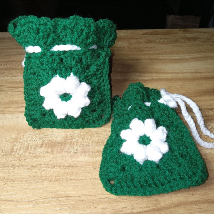 Handmade Crochet Granny Square Flower Drawstring Pouch, Granny Square Bag, Crochet Purse, Granny Square Pouch