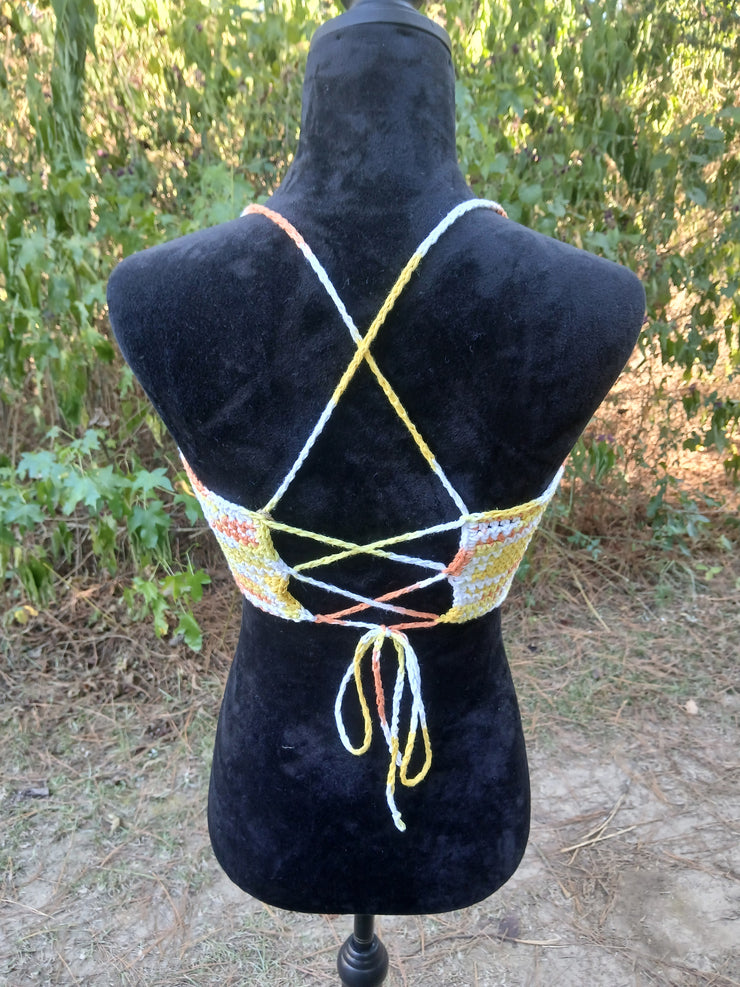 Sunset Swirl Crochet Bandana Top – Handmade Adjustable Backless Halter Top for Festival, Beachwear & Summer Style