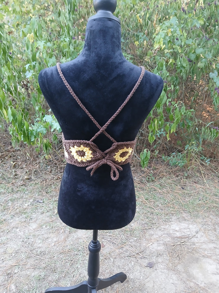 Brown Sugar Sunflower Crochet Top – Handmade Crop Tank with Granny Square Sunflower Design