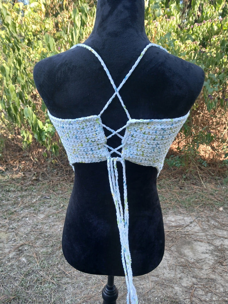 Ocean Mist Crochet Bandana Top – Handmade Adjustable Backless Halter for Summer, Festival & Beachwear