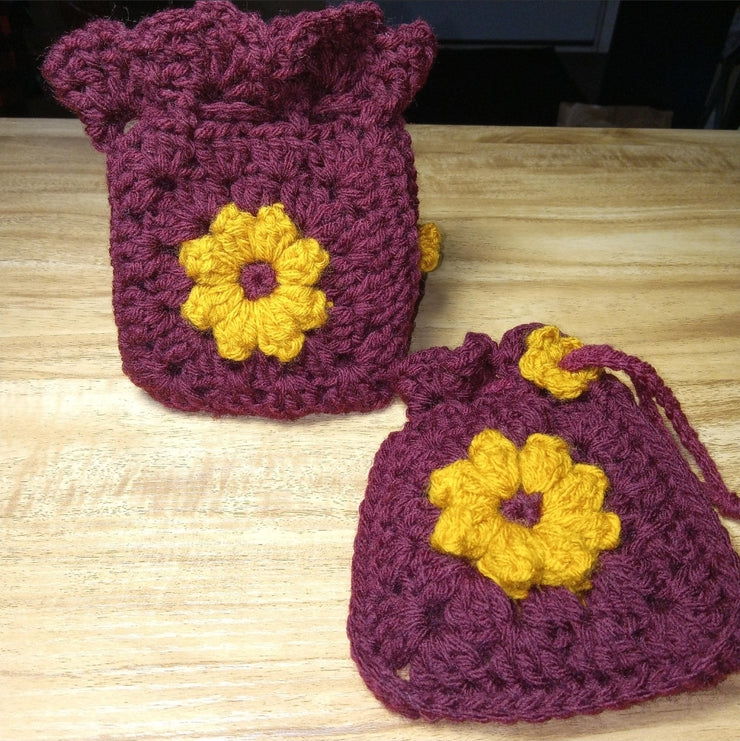 Handmade Crochet Granny Square Flower Drawstring Pouch, Granny Square Bag, Crochet Purse, Granny Square Pouch